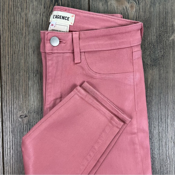 SOLD! L’AGENCE Margot High Rise Skinny Jeans Coated Dusty Rose - Picture 7 of 15
